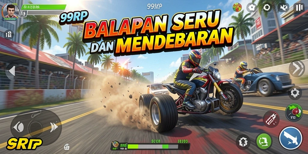 Screenshot gameplay 99RP menampilkan aksi balapan yang intens dan mobil kustom.