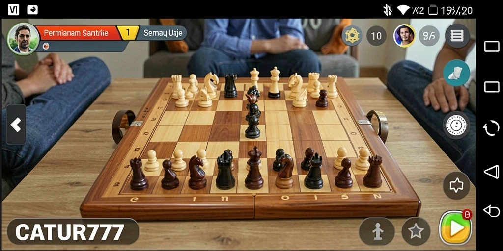 Tampilan gameplay CATUR777 dengan papan catur interaktif dan bidak yang elegan.