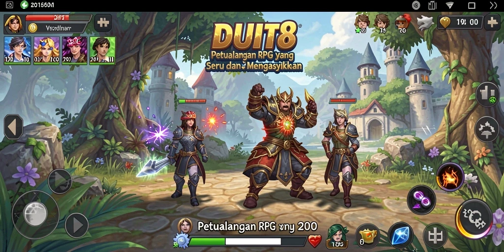 Tampilan layar permainan DUIT8 dengan karakter dan pertempuran menarik.