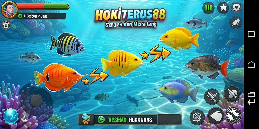 Tampilan gameplay HOKITERUS88 dengan berbagai ikan dan senjata menarik.