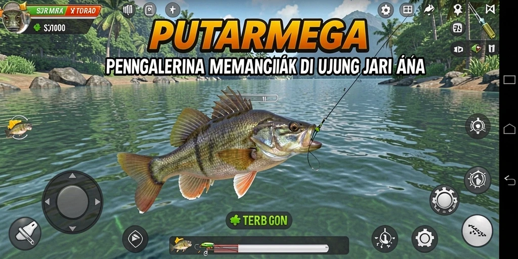Screenshot gameplay PUTARMEGA menunjukkan aksi memancing yang mendebarkan.