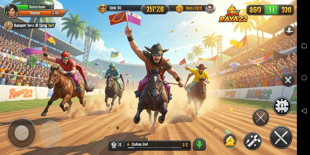 Screenshot utama RAYA22 menunjukkan aksi balapan yang mendebarkan.