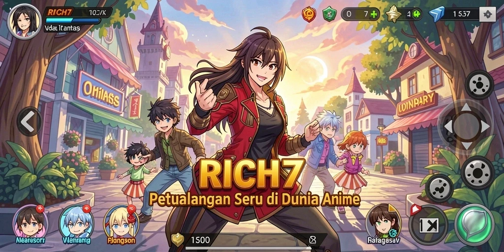 Tampilan screenshot utama RICH7 menampilkan pertempuran karakter anime yang seru.