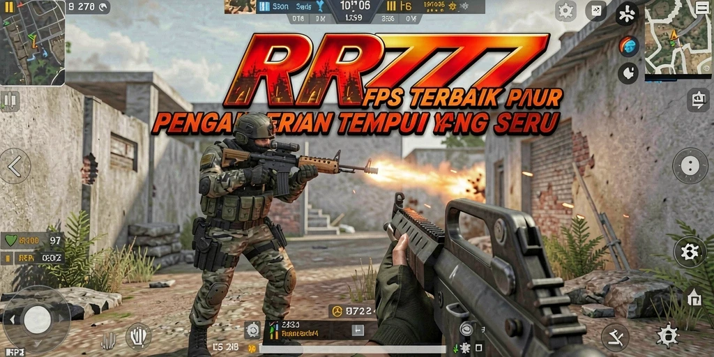Tampilan gameplay seru dalam RR777 dengan aksi FPS yang mendebarkan.