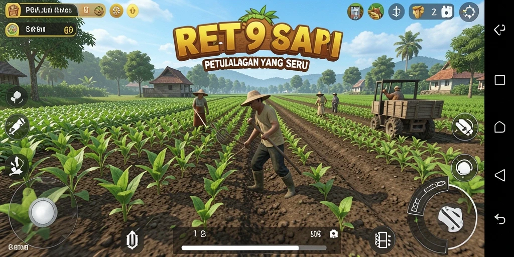 Tangkapan layar gameplay RT99 menampilkan aktivitas bertani yang seru.
