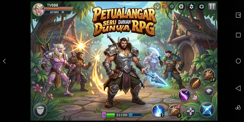 Tampilan gameplay RPG epik dalam TV888 dengan karakter dan monster fantastis.