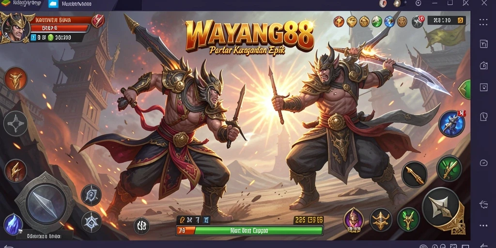 Screenshot utama <strong>WAYANG88</strong> menampilkan aksi pertarungan yang intens.