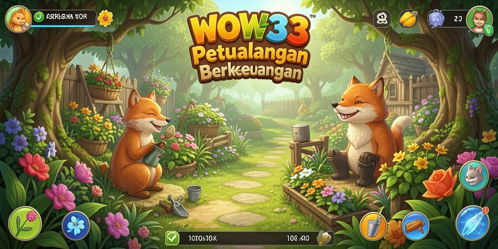 Screenshot gameplay WOW33 menampilkan kebun indah dengan tanaman berwarna-warni.